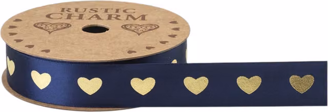 Kingsbury Gifts Heart Decal Satin Ribbon in Dark Blue and Gold, 10m x 25mm