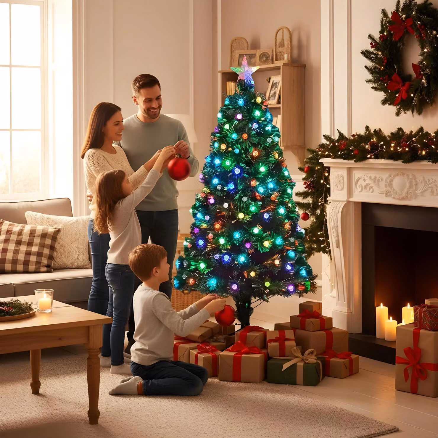 Shatchi Diamonds Fibre Optic LED Pre-Lit Christmas Tree in Green with Multicolour Lights, Height: 90 cm – 4