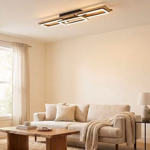 Globo Lighting Illa LED Ceiling Light, Black and Wood, Dimmable with Remote Control, 100 cm – 3