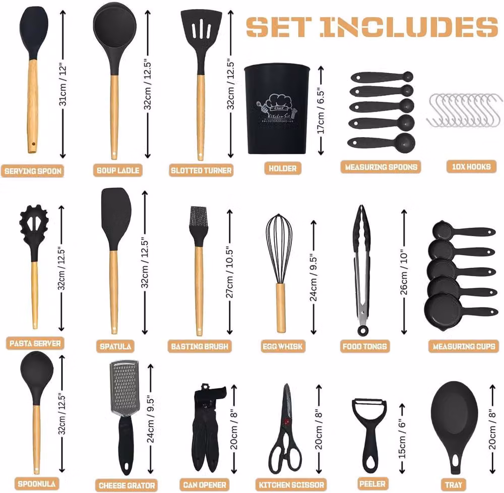 ATEK 35-Piece Non-Stick Heat Resistant Silicone Kitchen Utensils Set in Black – 3
