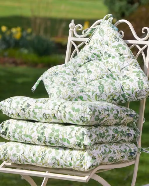 Dibor Set of 4 Green Leaf Print Cotton Outdoor Garden Chair Seat Pad Cushions, W: 40 cm x D: 40 cm x H: 40 cm