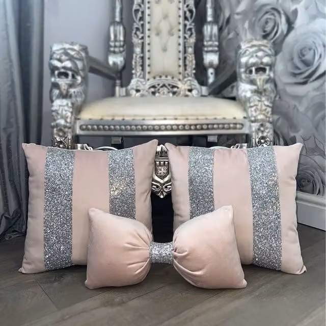 Fabricnco Set of 3 Pink Striped Velvet Square Cushions