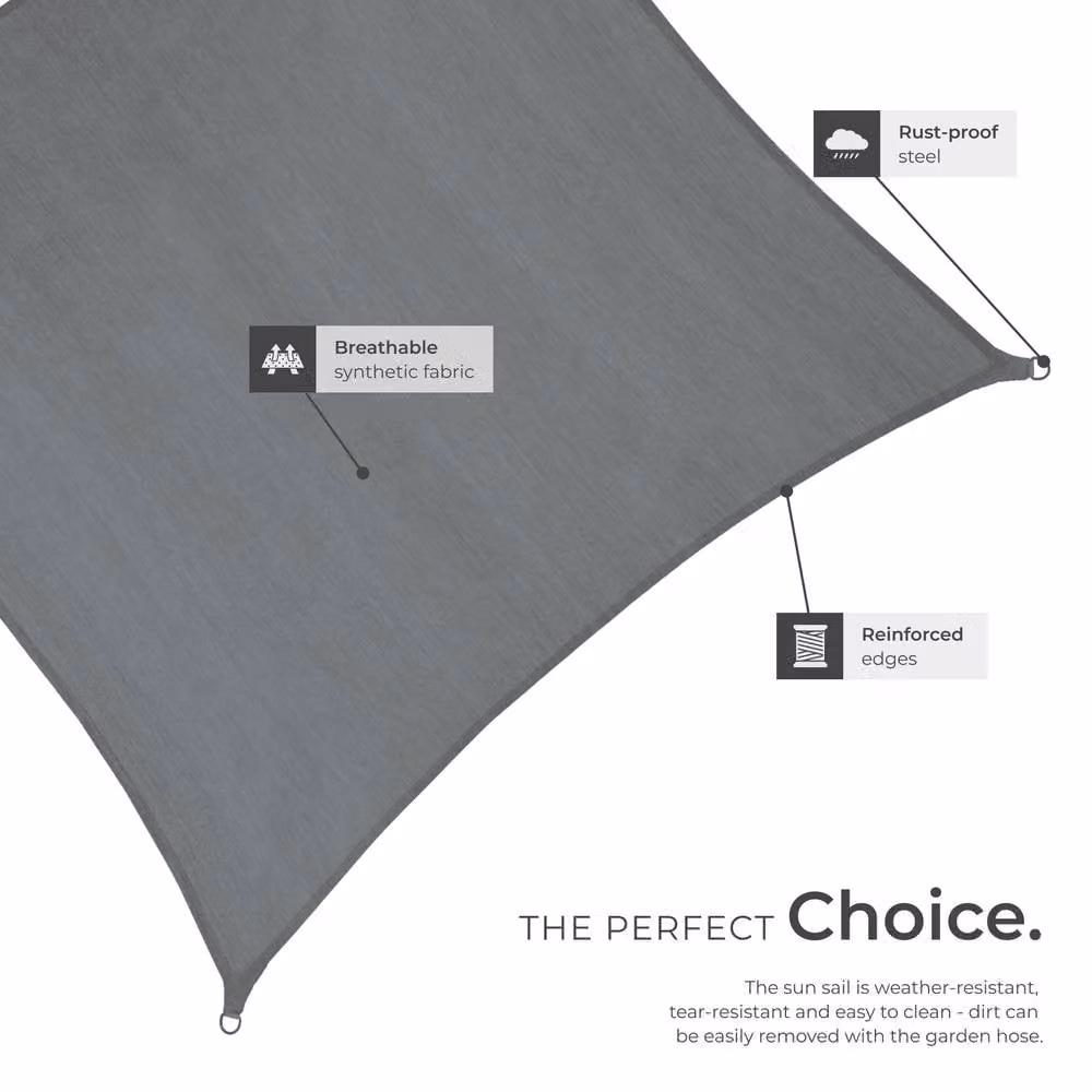 tectake Rectangular Shade Sail with UPF 50+ UV Protection and Water-Repellent HDPE Material, Grey, W/D: 360 x 360 cm – 5