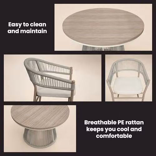 Solace+Co Hana Round Garden Dining Set with 4 Lita Chairs in White and Beige – 6