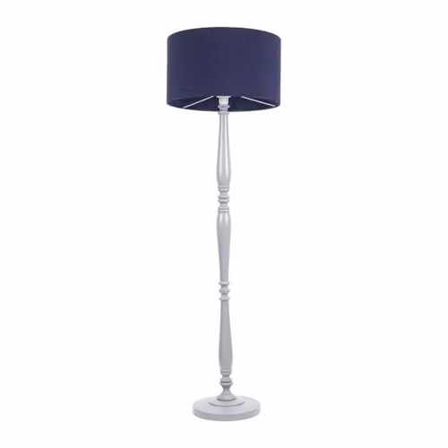ValueLights Traditional Grey Wood Candlestick Floor Lamp with Navy Blue Fabric Drum Shade and LED Bulb, H 155 cm x W 45 cm x D 45 cm – 1