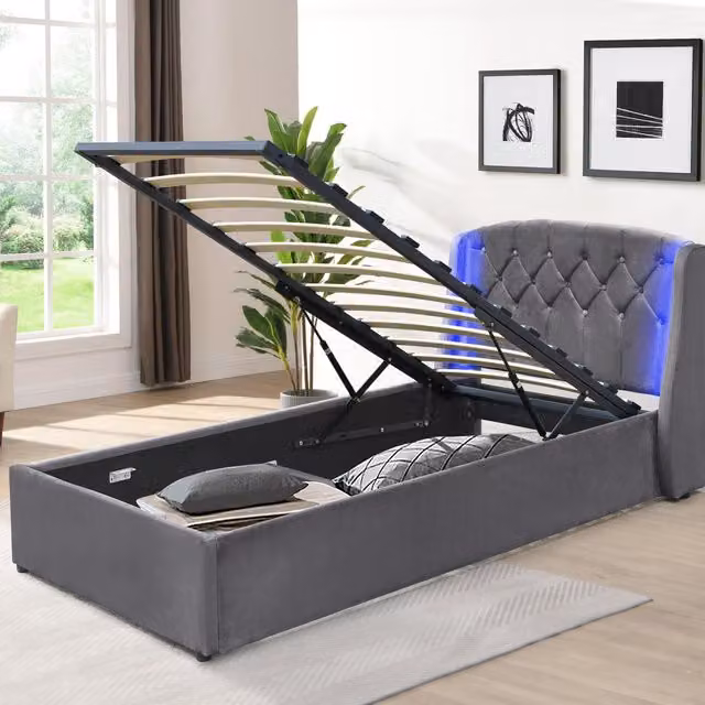 Comfy Living Upholstered Fabric Gas Lift Single Bedframe with LED Headboard in Grey