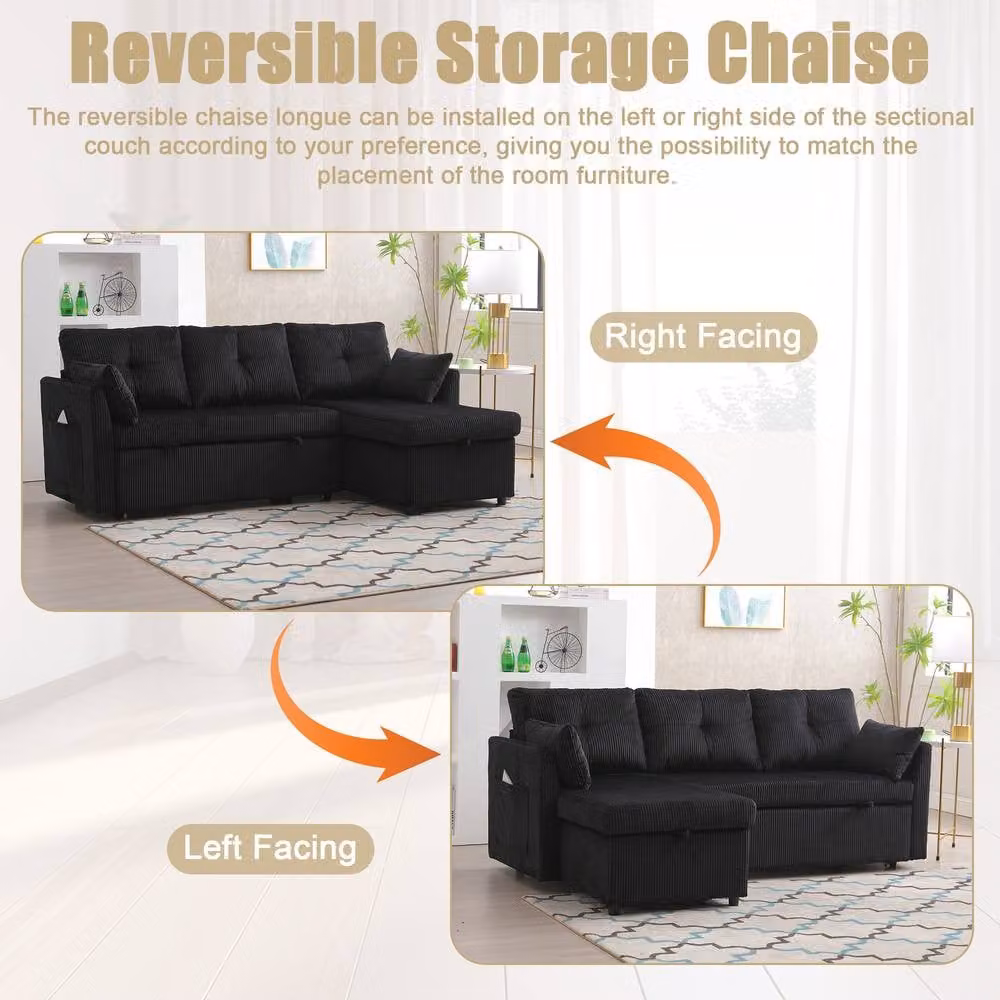 Direct Wicker L-Shape Convertible 3-in-1 Sofa with Storage and Pull-Out Bed in Black, W/D/H: 206 x 150 x 88 cm – 3