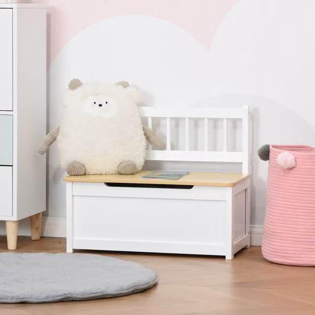 HOMCOM 2-in-1 White Wooden Toy Box and Seat Bench Storage Chest with Pneumatic Rod