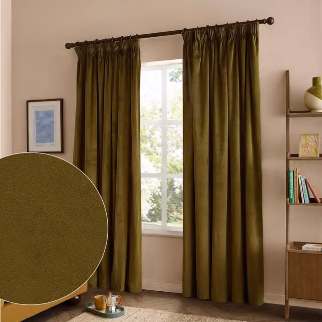 Furn Olive Green Velvet Blackout Pencil Pleat Curtain Pair, Width: 229 cm, Drop: 183 cm – 1