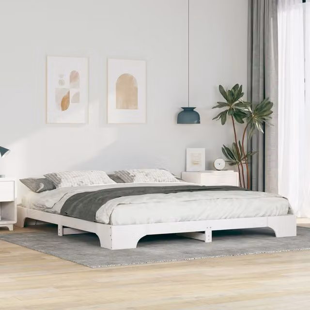 Berkfield Home Floor Bed Frame with Storage in White, Solid Pine Wood, W/D/H: 200 x 220 x 20 cm – 1