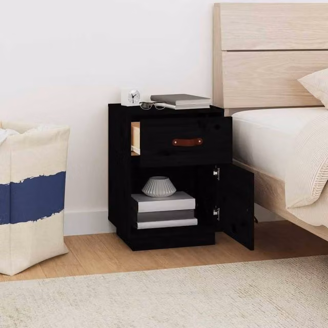 Berkfield Home Beautiful Bedside Cabinet in Black Solid Wood Pine, W/D/H: 40 x 34 x 55 cm