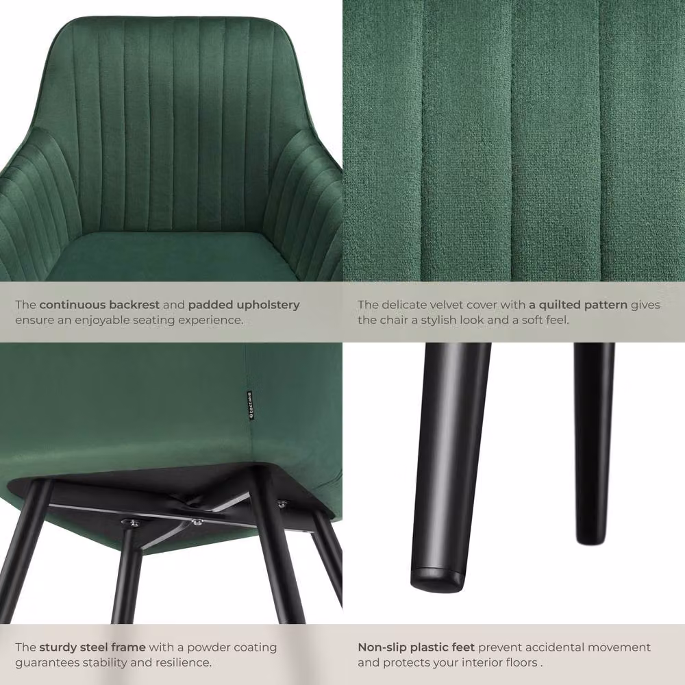 tectake Marilyn Set of 6 Modern Velvet Dining Chairs in Dark Green and Black – 5