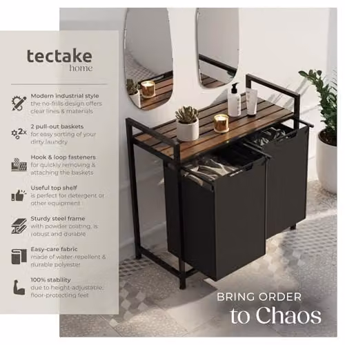 tectake Dual Laundry Basket with 2 x 46L Capacity, Water- and Smell-Resistant Fabric, Pull-Out Baskets with Steel Frame and Wooden Look Top Shelf, Black/Brown – 2