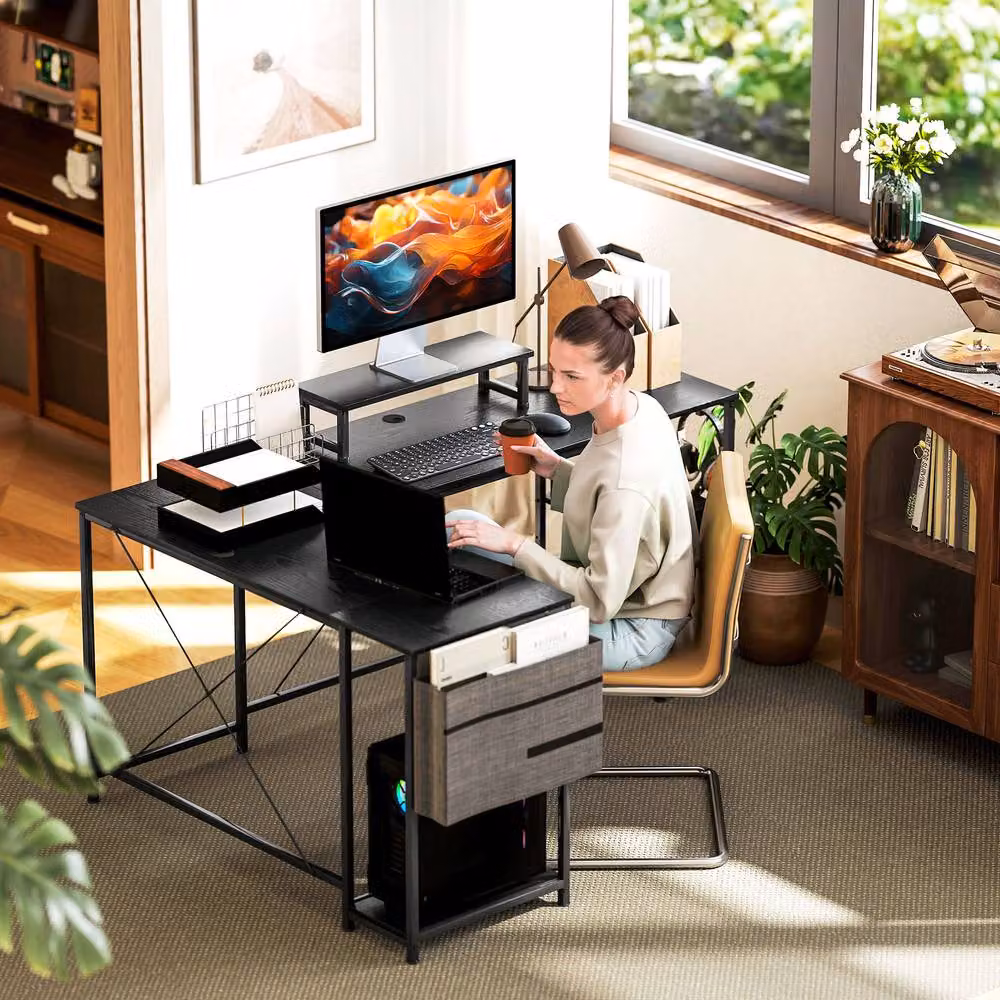 STILVORA L-Shaped Corner Desk with Storage and Monitor Stand in Black – 8