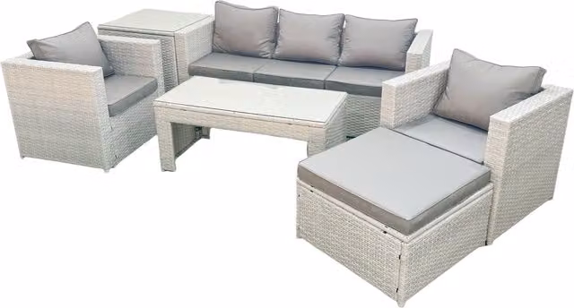 Fimous 6 Piece Rattan Garden Furniture Set in Light Grey with Upholstered Cushions, 3 Seater Sofa, 2 Armchairs, Coffee Table and Ottoman