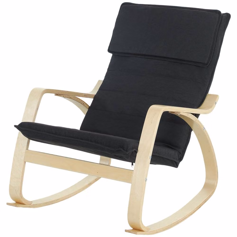 STILVORA Modern Black Fabric Rocking Chair with Headrest and Armrests and Solid Birch Wood Frame – 4