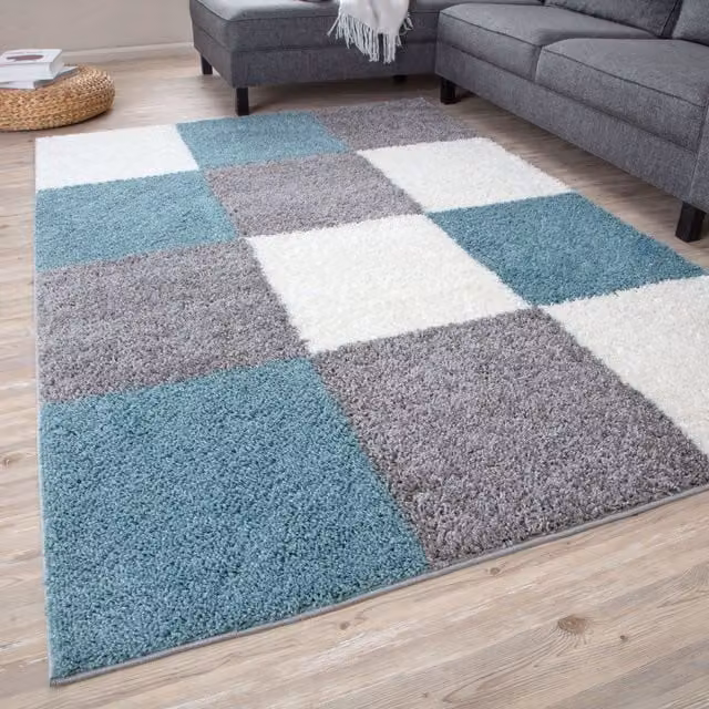 THE RUGS Soft Check High Pile Shaggy Rug, Duck Egg Blue, W: 200 cm, D: 290 cm