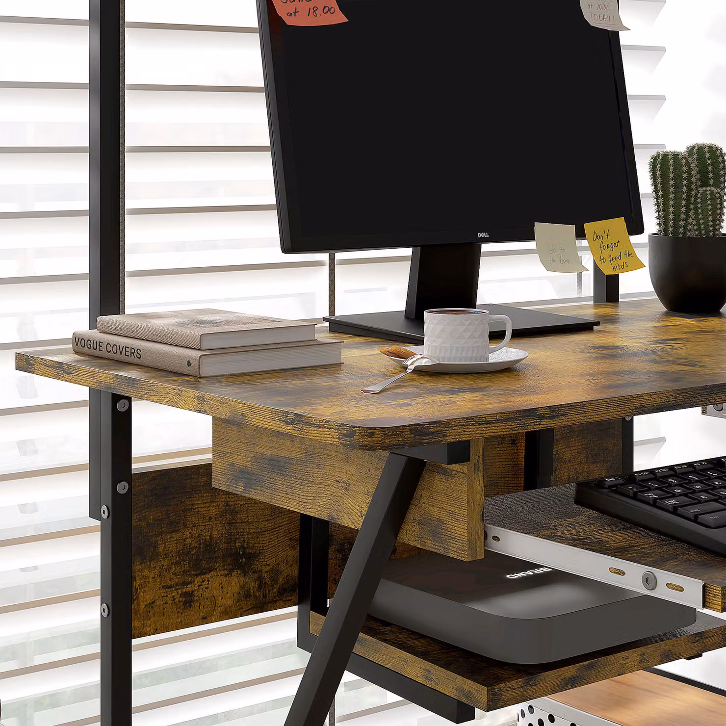 HOMCOM Mobile Computer Desk with Keyboard Tray and Storage Shelves in Rustic Brown – 6
