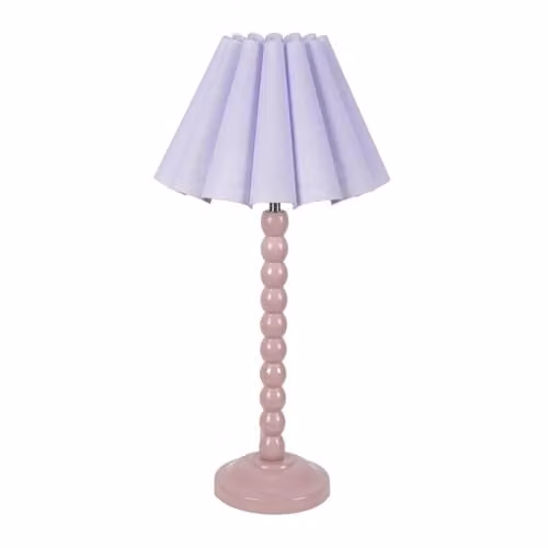 ValueLights Rose Pink Bobbin Stem Table Lamp with Lilac Pleated Tapered Shade and Included LED Bulb