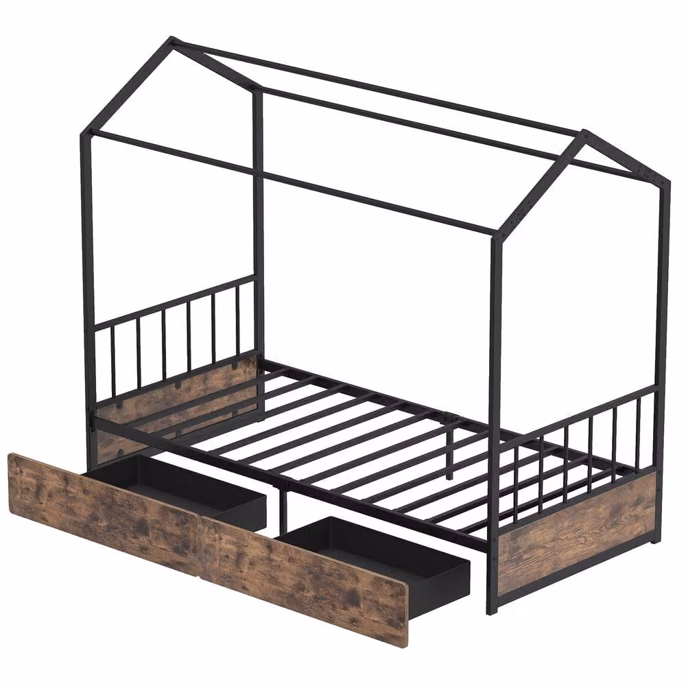 Costway Single Size Metal Bed Frame with 2 Drawers, Headboard and Footboard in Brown, W/D/H: 90 x 200 cm – 7