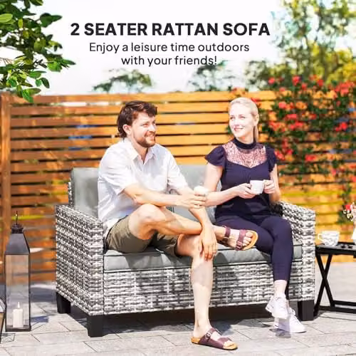 Outsunny 2 Seater Rattan Garden Sofa with Upholstered Cushions and Powder Coated Steel Frame, Grey – 4