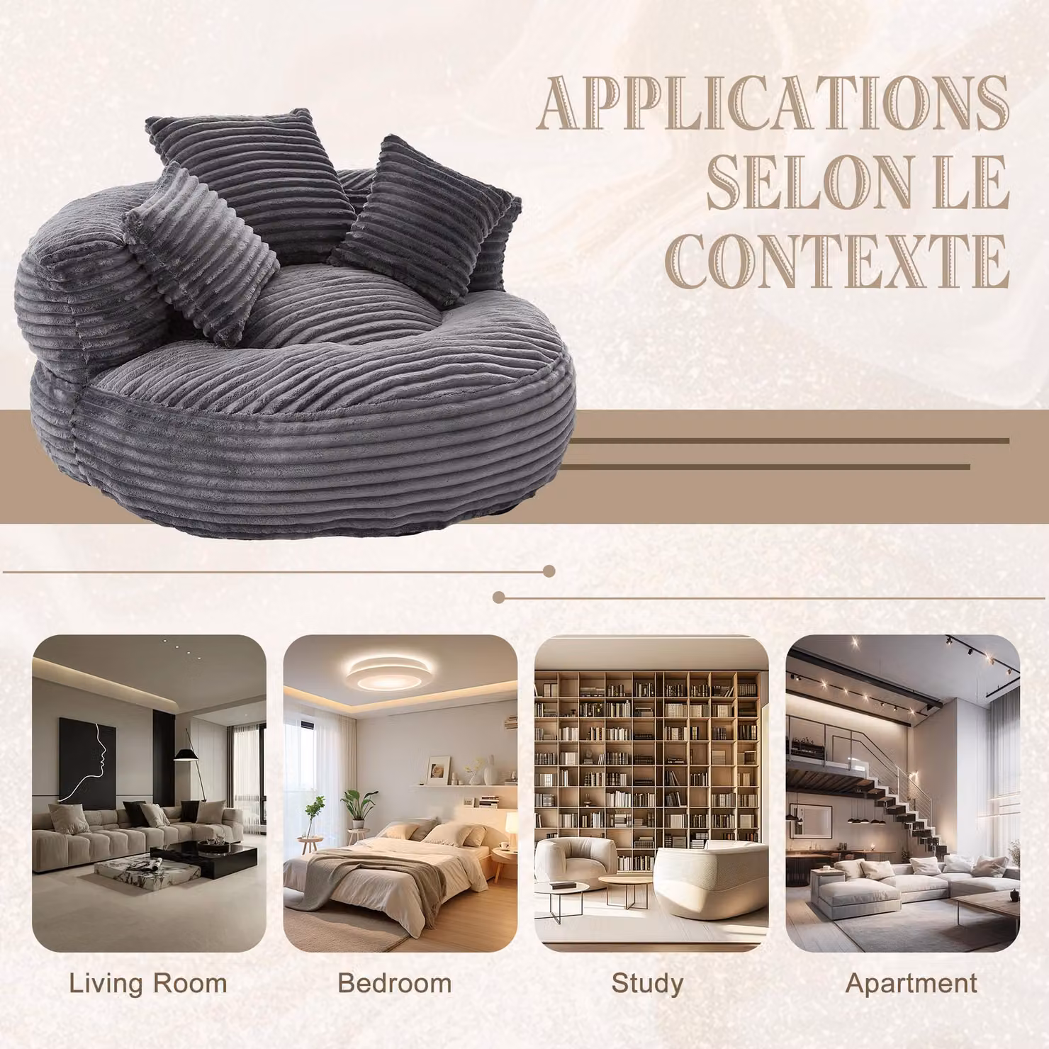 Aosom UK Giant Bean Bag Chair with Shredded Memory Foam, Pre-Filled High Back Lounge Chair, Grey, W: 108 cm, D: 108 cm, H: 52 cm – 3