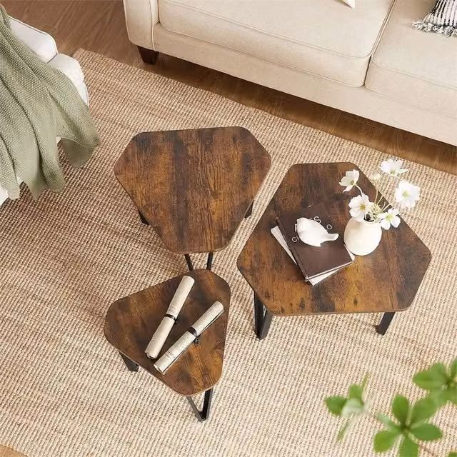 FLAVORA Set of 3 Industrial Rustic Nesting Coffee Tables in Brown and Black