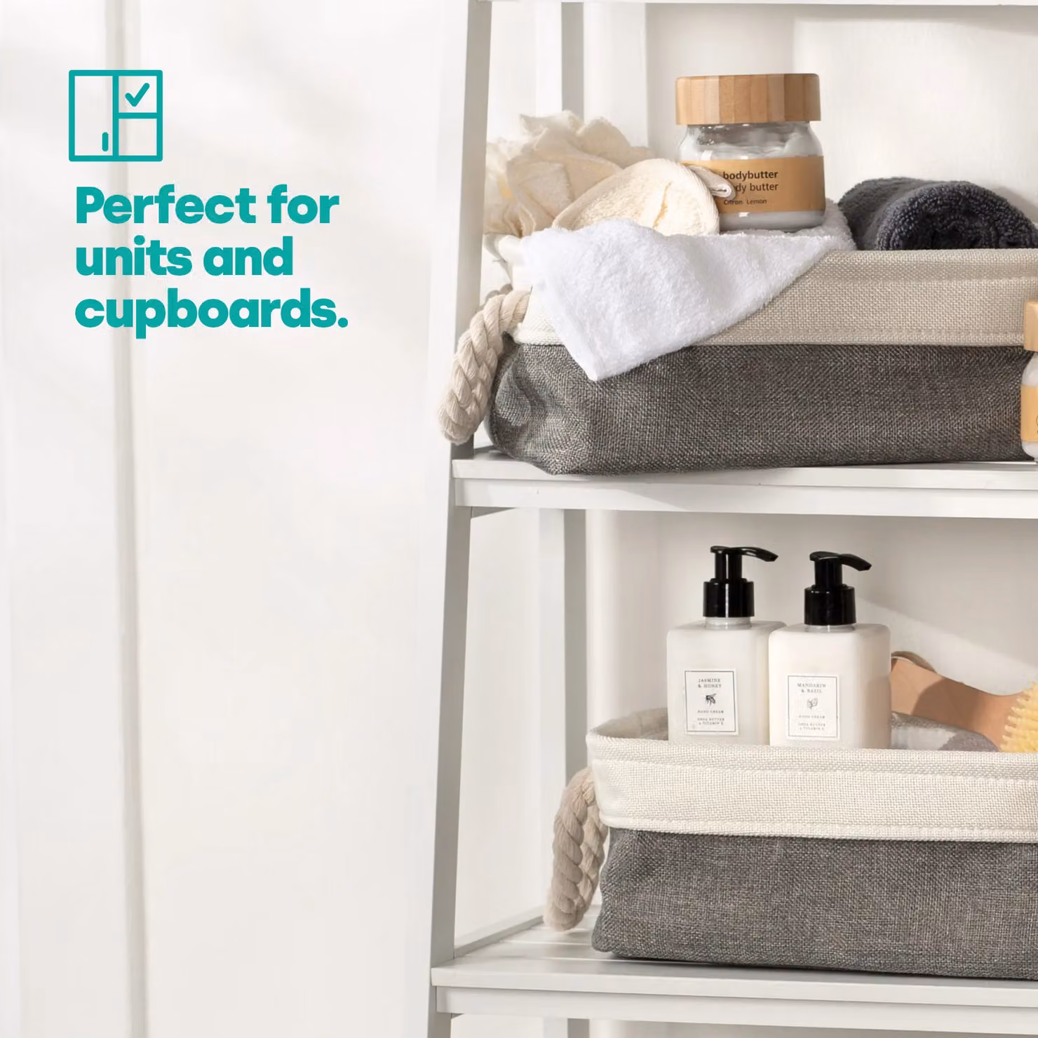 LIVIVO Set of 3 Foldable Fabric Storage Baskets with Handles in Grey and Beige – 2