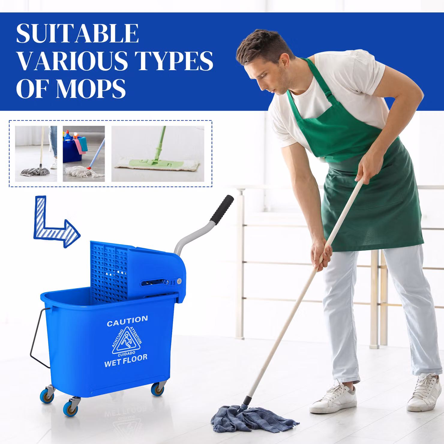 HOMCOM 20L Mop Bucket with Wringer and Handle in Blue – 6