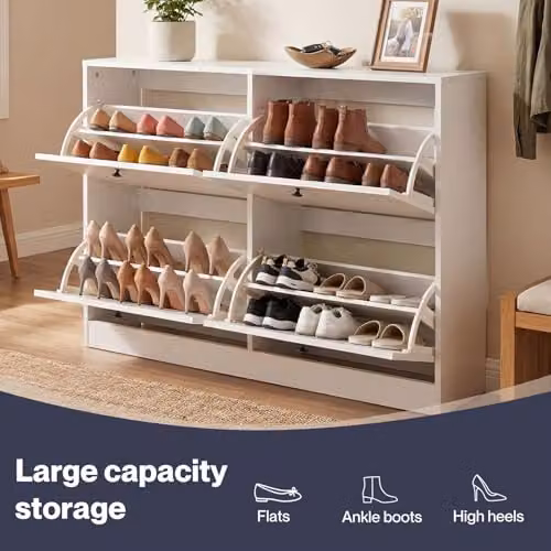 Levede White Scandinavian Slim Shoe Storage Cabinet with Tilting Compartments and Internal Shelves, W/D/H: 80 x 24 x 105 cm – 3