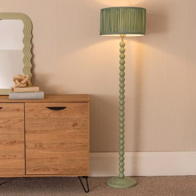 ValueLights Bobbin Stem Floor Lamp with Ruched Pleated Fabric Shade in Sage Green, H 145 cm x W 25 cm x D 25 cm – 2