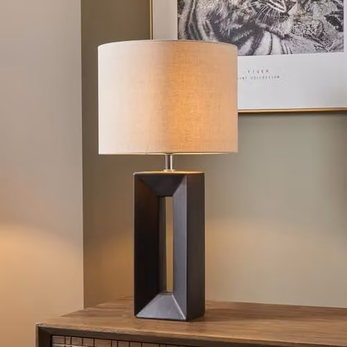Pacific Lifestyle Abstract Square Block Ceramic Table Lamp with Cream Fabric Shade, Black and Cream, W/D/H: 30 x 30 x 58.5 cm