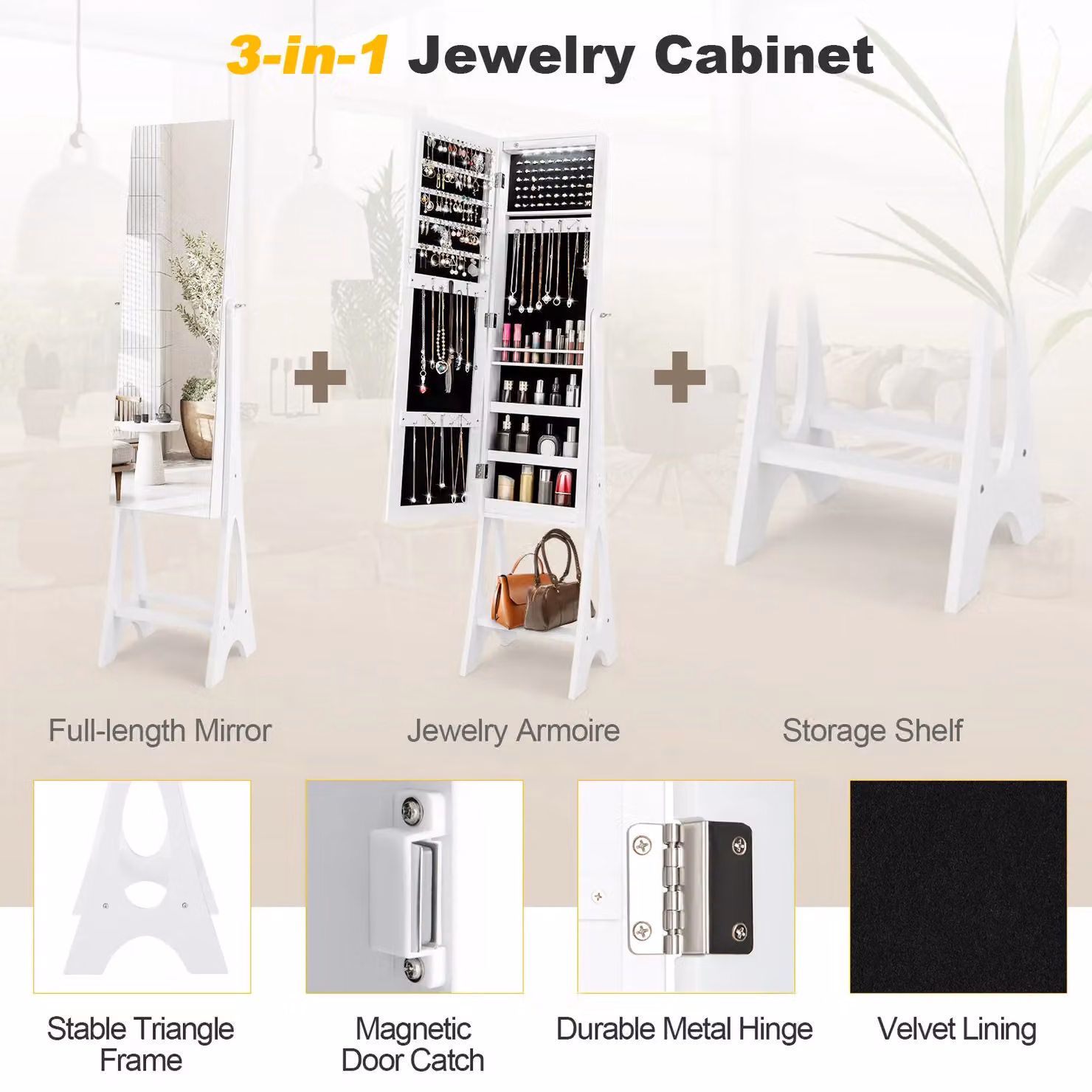 Costway Freestanding Full Length Mirror Jewelry Cabinet with Built-in LED Lighting in White – 3