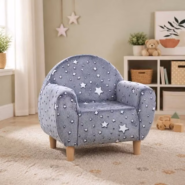STILVORA Kids Armchair with Glow-in-the-Dark Star Design in Grey Fabric – 1