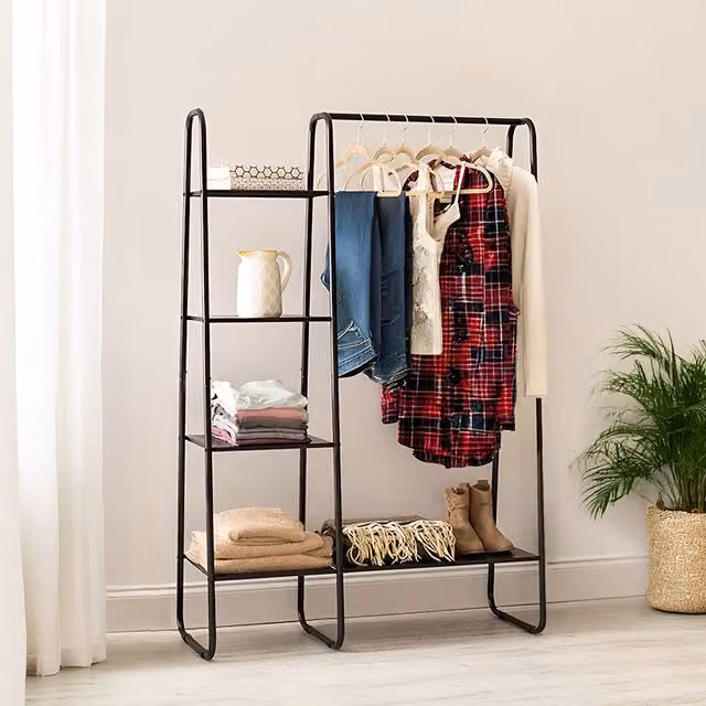 Livingandhome Matt Black Metal Freestanding 4-Shelf Coat Rack with Continuous Linear Hanging Rail