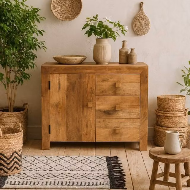 Wyld Haus Manila Modern Mango Wood Sideboard with 3 Drawers and 1 Door in Brown – 1