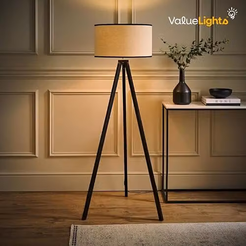 ValueLights Black Wood Tripod Floor Lamp with White Fabric Drum Shade and Included LED Bulb – 2
