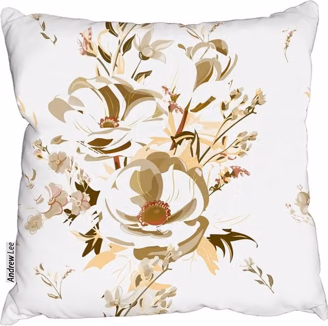 Andrew Lee Modern Floral Print Square Cushion in Yellow, Gold and White, W: 60 cm x H: 60 cm