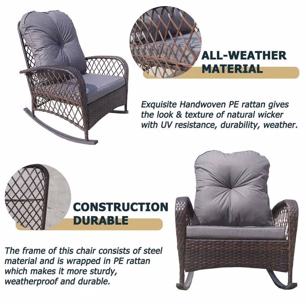 FURNITURE ONE Brown Rattan Patio Rocking Chair with Soft Cushion – 4