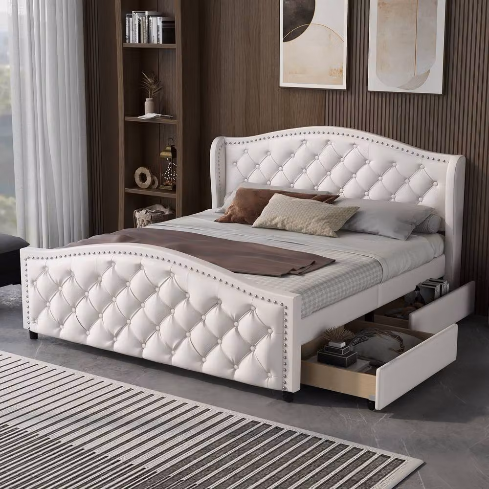 Merax White PU Double Bed Frame with 2 Storage Drawers, W/D/H: 135 x 190 cm – 2