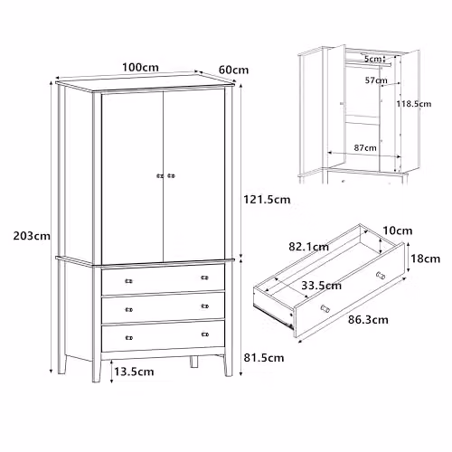 Core Products Henley 2 Door 3 Drawer Wardrobe in Brown with Gold Details, H 203 cm x W 100 cm x D 60 cm – 3