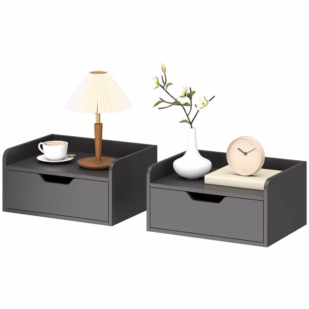 STILVORA Set of 2 Modern Wall-Mounted Floating Bedside Tables with Drawer in Black – 4