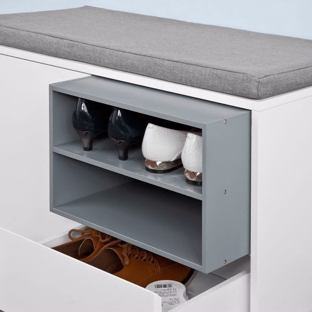 SoBuy Modern White and Grey Entrance Bench with Fabric Cushion and Shoe Rack Storage – 6