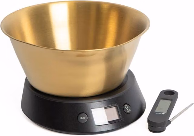 MasterClass 2-Piece Kitchen Tool Set with 5kg Digital Weighing Scale and Gold Finish Bowl and Folding Digital Thermometer