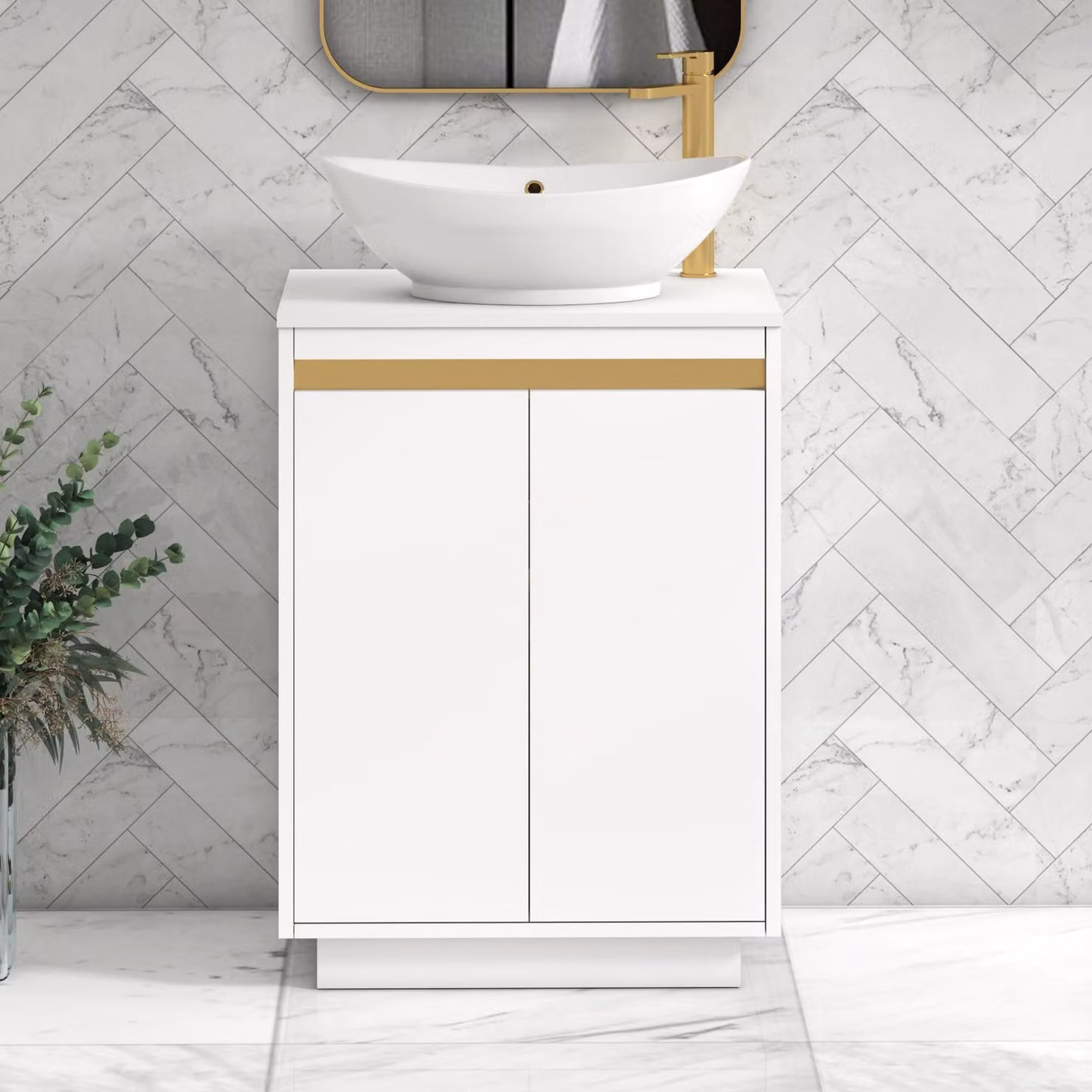 Royal Bathrooms Orion 600mm Matt White Floor Standing 2 Door Vanity Unit with Amaze Basin and Brushed Brass Accent Trim