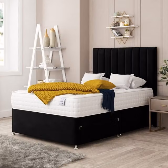 Bed Choices Alaska Upholstered Velvet Divan Bed with 4 Drawers, Mattress and 26 inch Headboard in Black, W/D/H: 140 x 200 cm