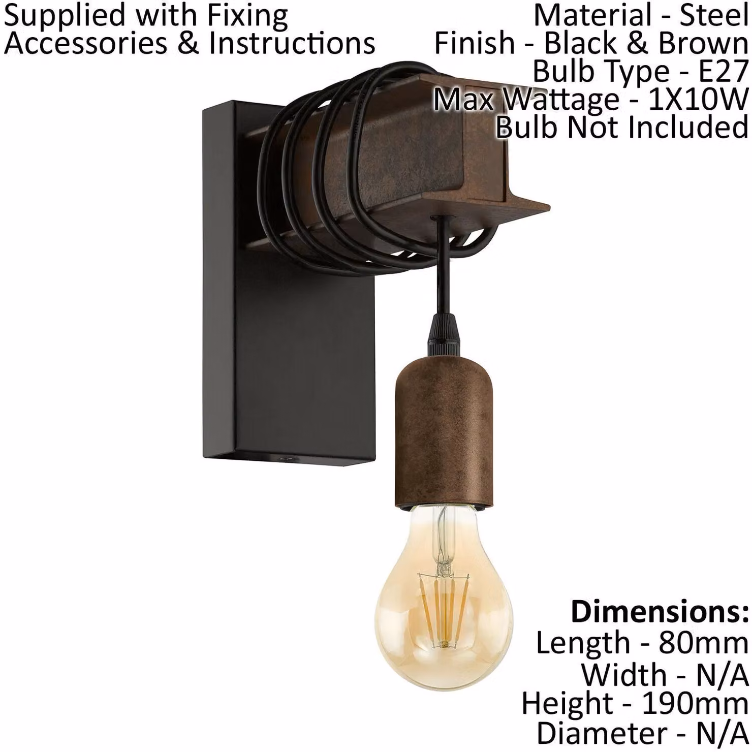 Loops 2 Pack Industrial LED Wall Sconce in Black and Wood with Rust Effect, E27 60W – 2