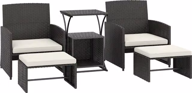 Outsunny 6 Piece Black Rattan Garden Furniture Set with Nesting Tables, Chairs, Stools and Cushions