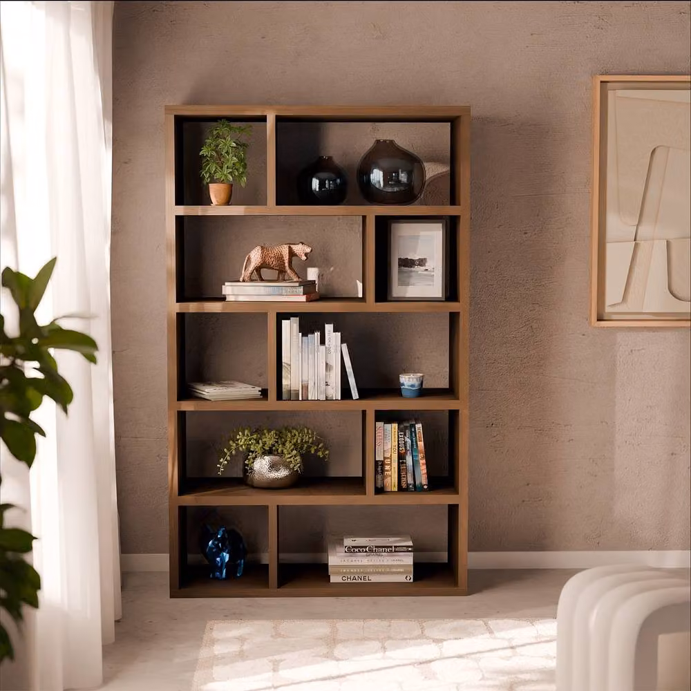 sweeek 5-tier Asymmetrical Bookshelf with 10 Compartments in Dark Brown, H 190.0 x W 111.2 x D 39.0 cm – 3