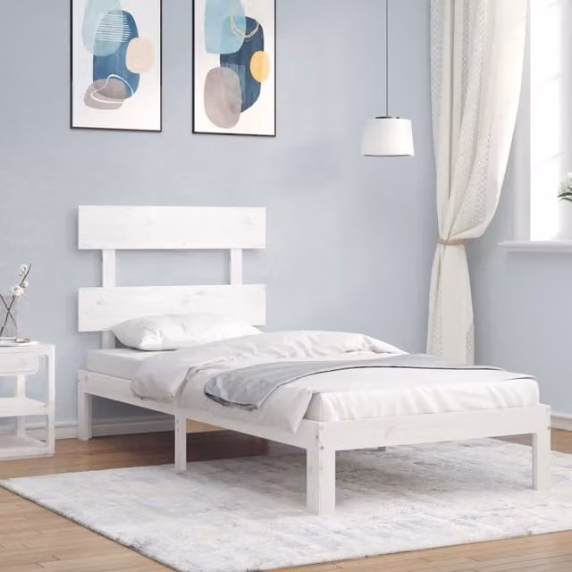 Berkfield Home White Solid Wood Bed Frame with Headboard, W/D/H: 90 x 200 cm